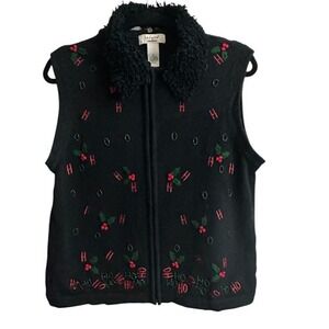 BECHAMEL Womens Ugly Christmas Vest Sweater Full Zip Size‎ L Festive Ho Ho Ho